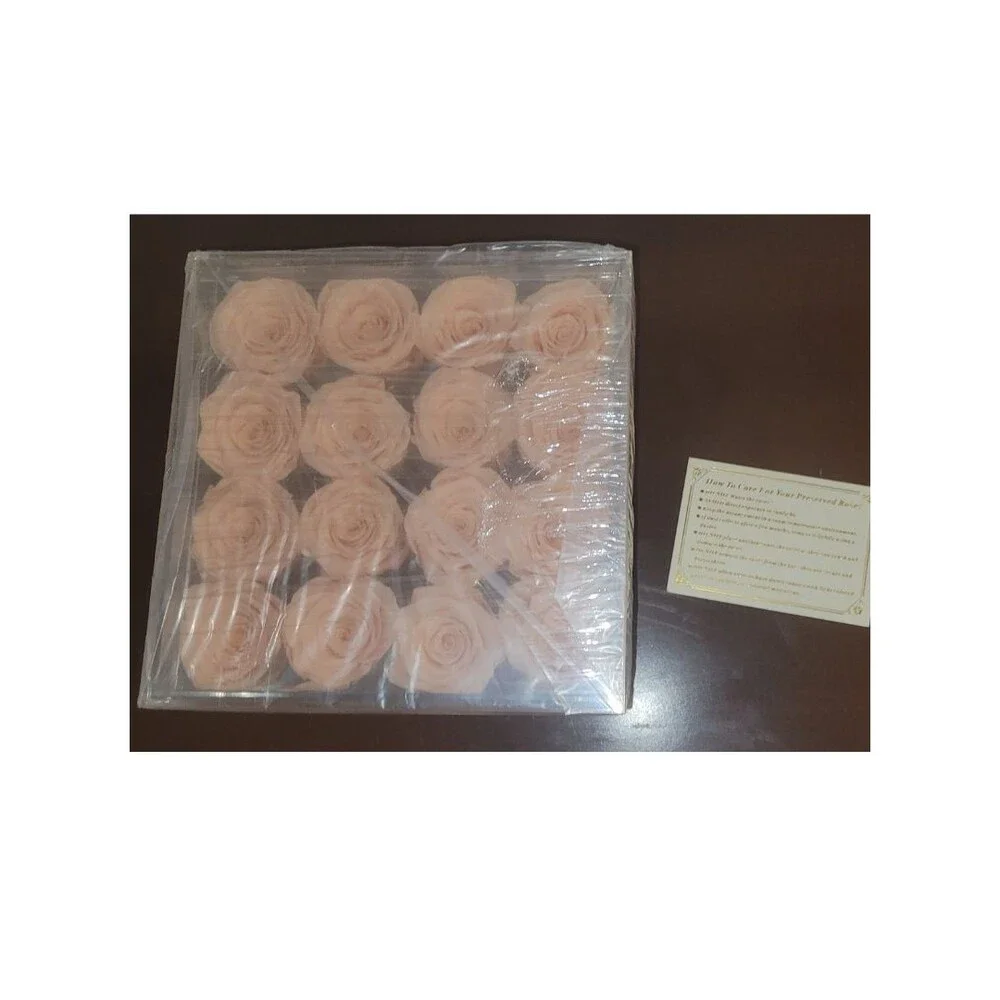16 Preserved Blush Peach Roses in Clear Acrylic Box Luxury Floral Arrangement